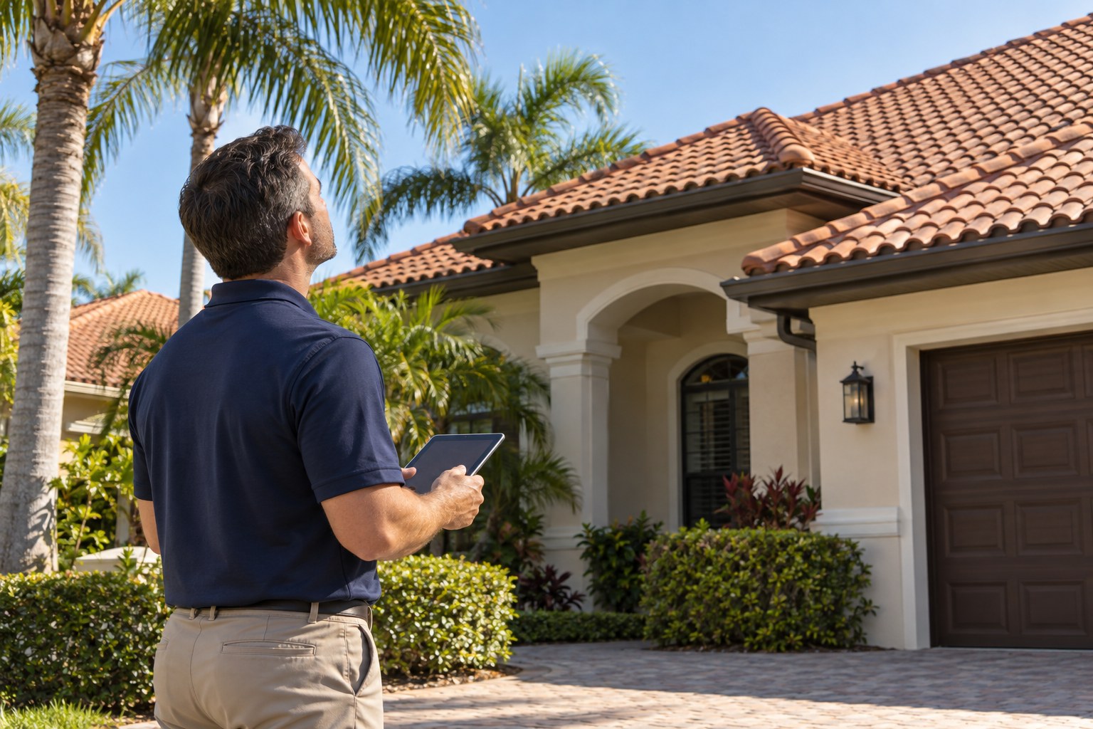 Illustrative image: A professional observing a home’s roof from the driveway