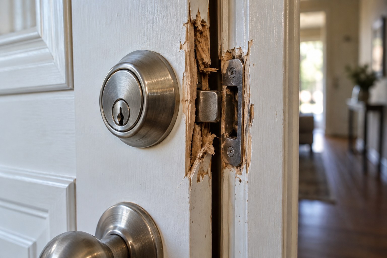 Illustrative photo of a damaged door frame after a break-in